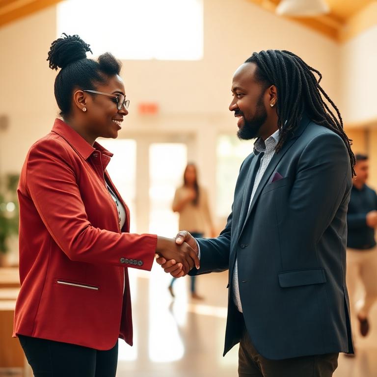 Two professionals shaking hands in a community center