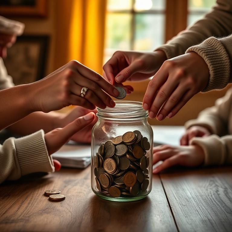 Hands placing coins into a donation jar