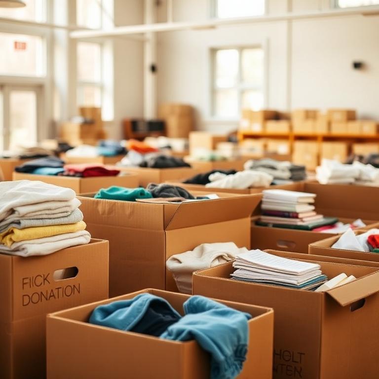 Cardboard donation boxes filled with clothes and books